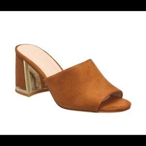 Halston Vegan suede dress sandal gold detail cognac color
